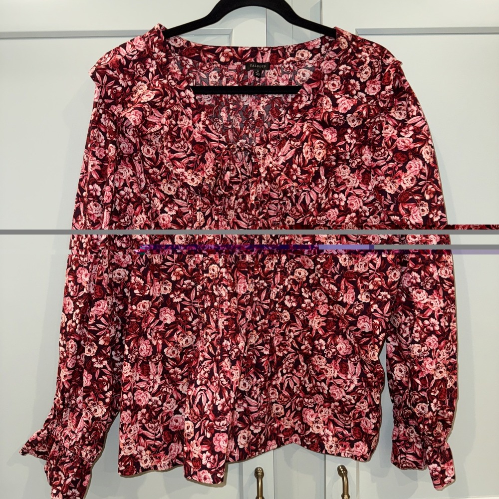 Talbots Red Floral Pintuck Ruffle Tie Neck Cotton Blouse XL Womens Peasant Boho